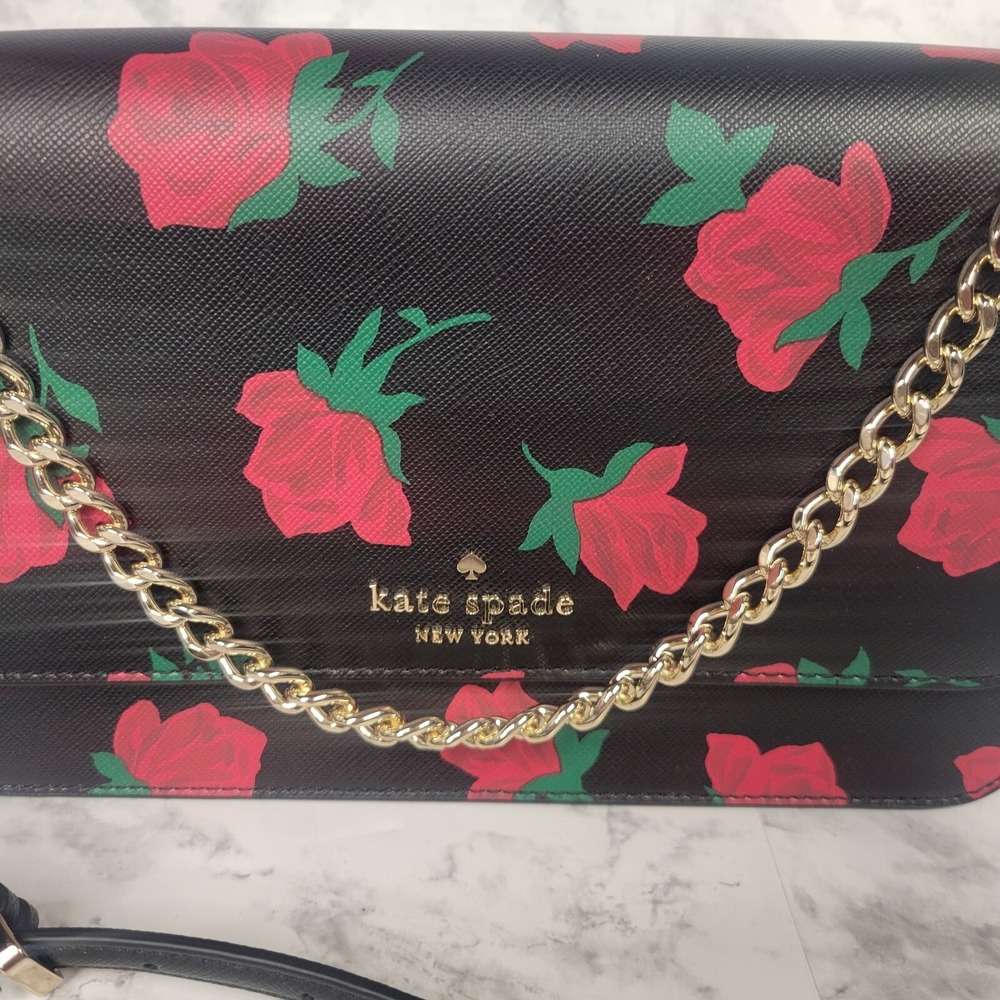 Kate Spade New York Rose Print Saffiano Leather Crossbody Bag Black Red Floral - Picture 2 of 13